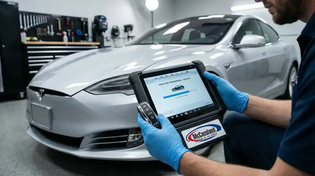 A technician wearing blue gloves uses an electronic diagnostic tablet to scan a white Tesla car in a modern PA auto repair shop. The car's front and the device screen are clearly visible. Locksmith Services Delaware County available onsite.