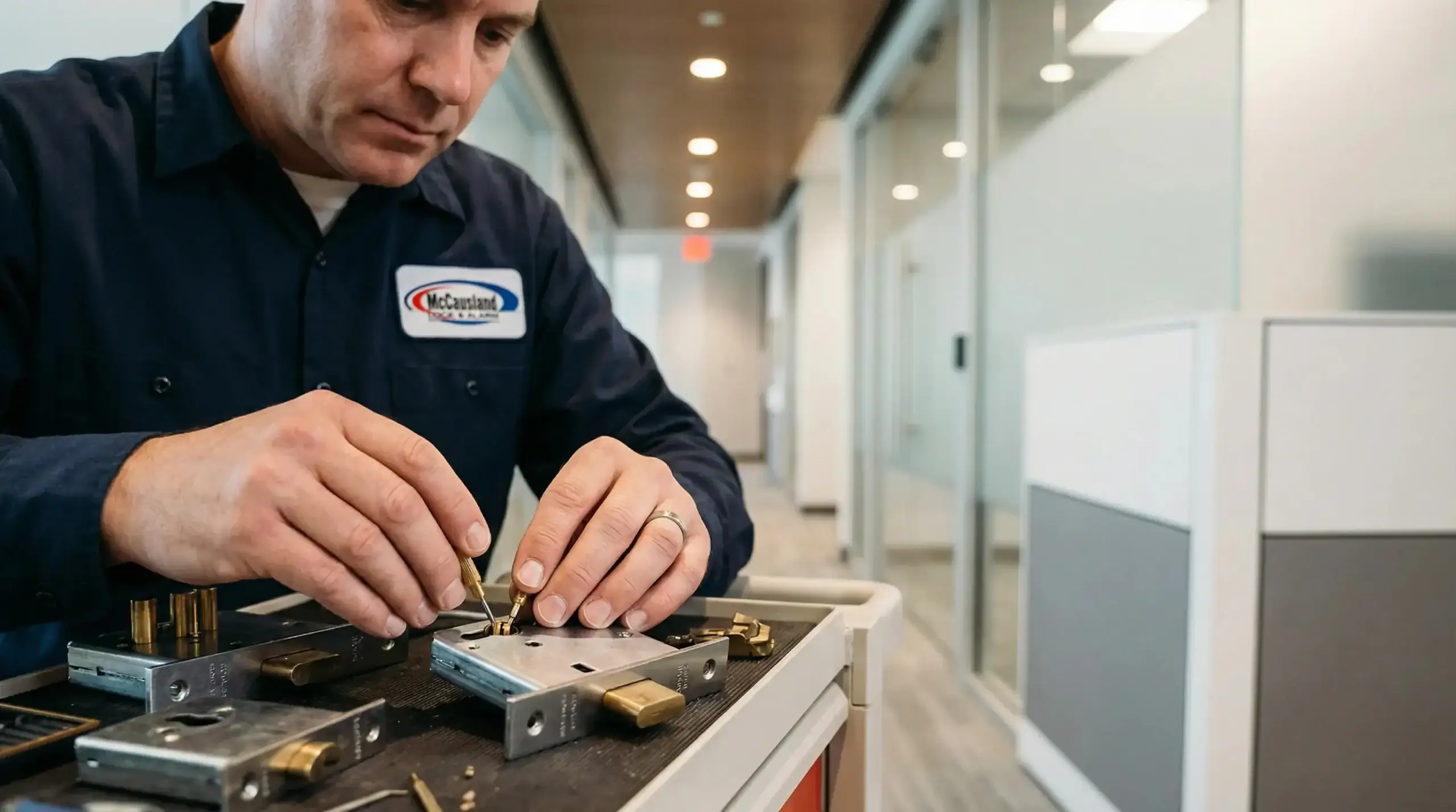 A person in a work uniform assembles or repairs a lock mechanism on a table in a modern office hallway, showcasing Locksmith Services Delaware County, PA. Various lock parts and tools are spread out on the table.