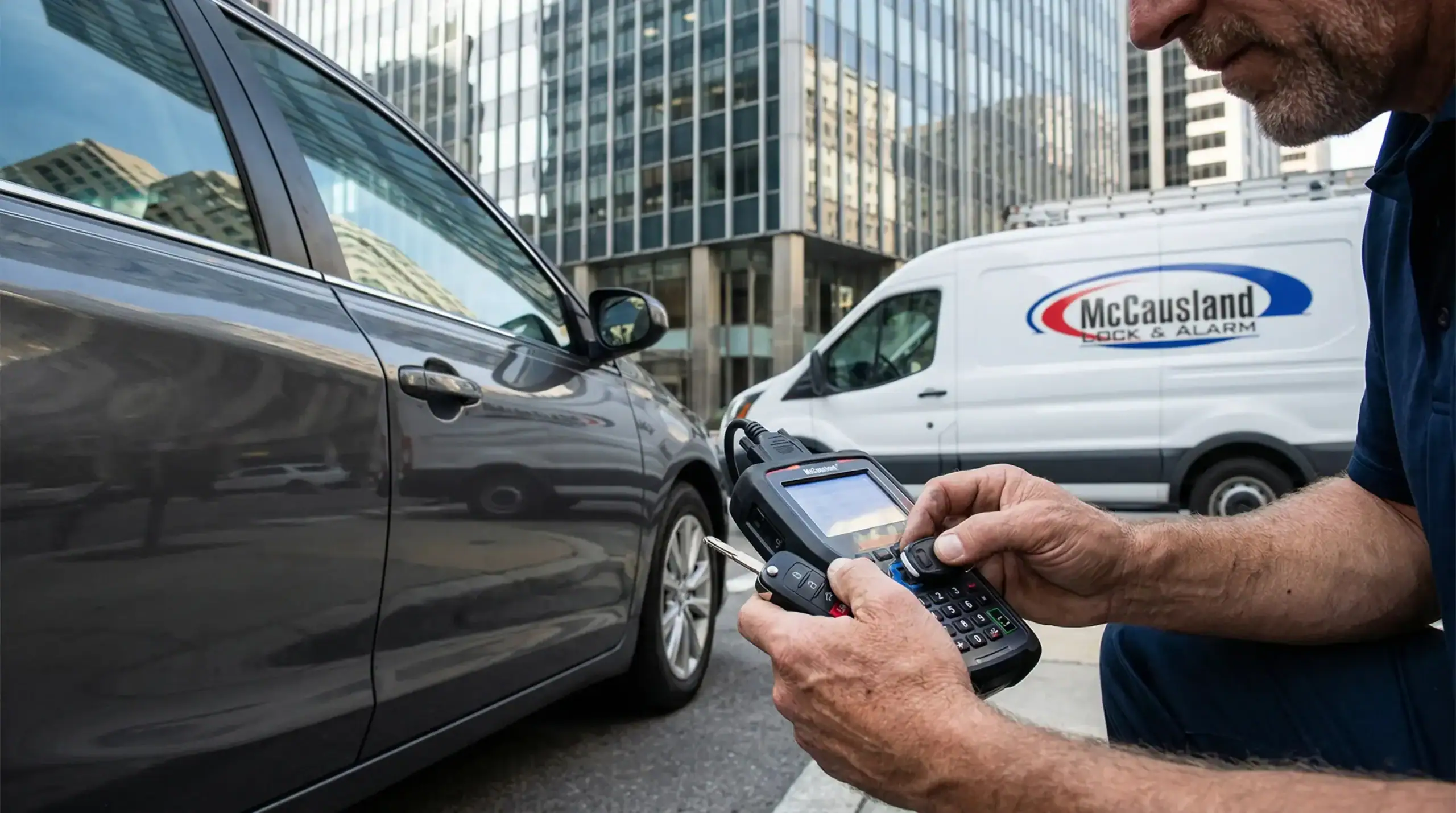 A person uses a handheld electronic device near a parked gray car on a city street in PA, with a white McCausland Lock & Alarm van—offering Locksmith Services Delaware County—and tall glass office buildings in the background.