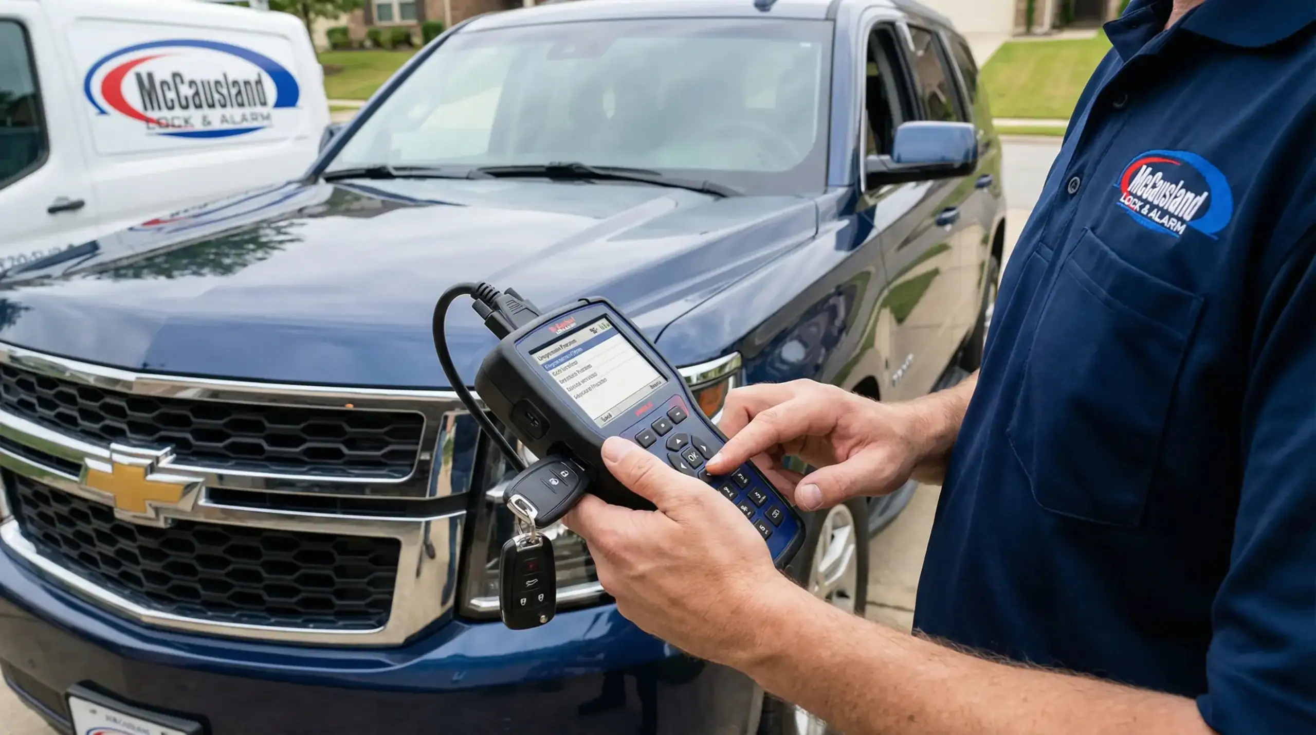 A person in a blue shirt is programming a car key fob with an electronic device in front of a blue Chevrolet SUV. A van with the McCausland Lock & Alarm logo, known for Locksmith Services Delaware County, PA, is parked nearby.