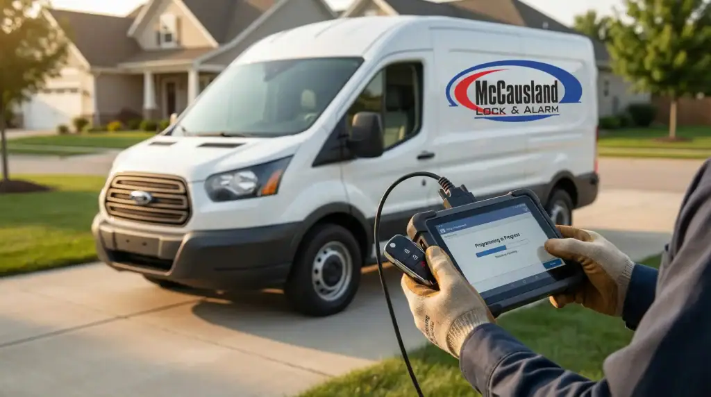 A person wearing gloves uses a digital device in front of a white locksmith van labeled "McCausland Lock & Alarm," showcasing Locksmith Services Delaware County, PA, parked in a suburban driveway.