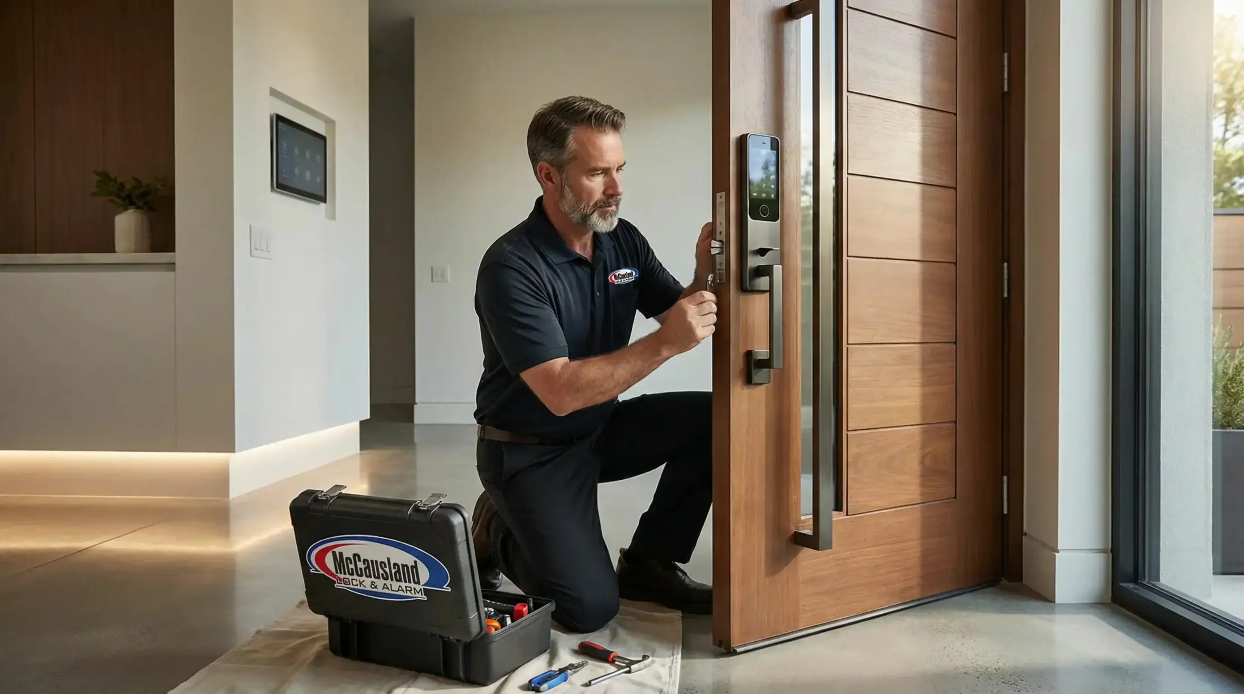A locksmith in a dark uniform installs a smart lock on a wooden front door. He kneels amid tools and a branded toolbox, providing Locksmith Services Delaware County in a modern, well-lit PA home entryway.