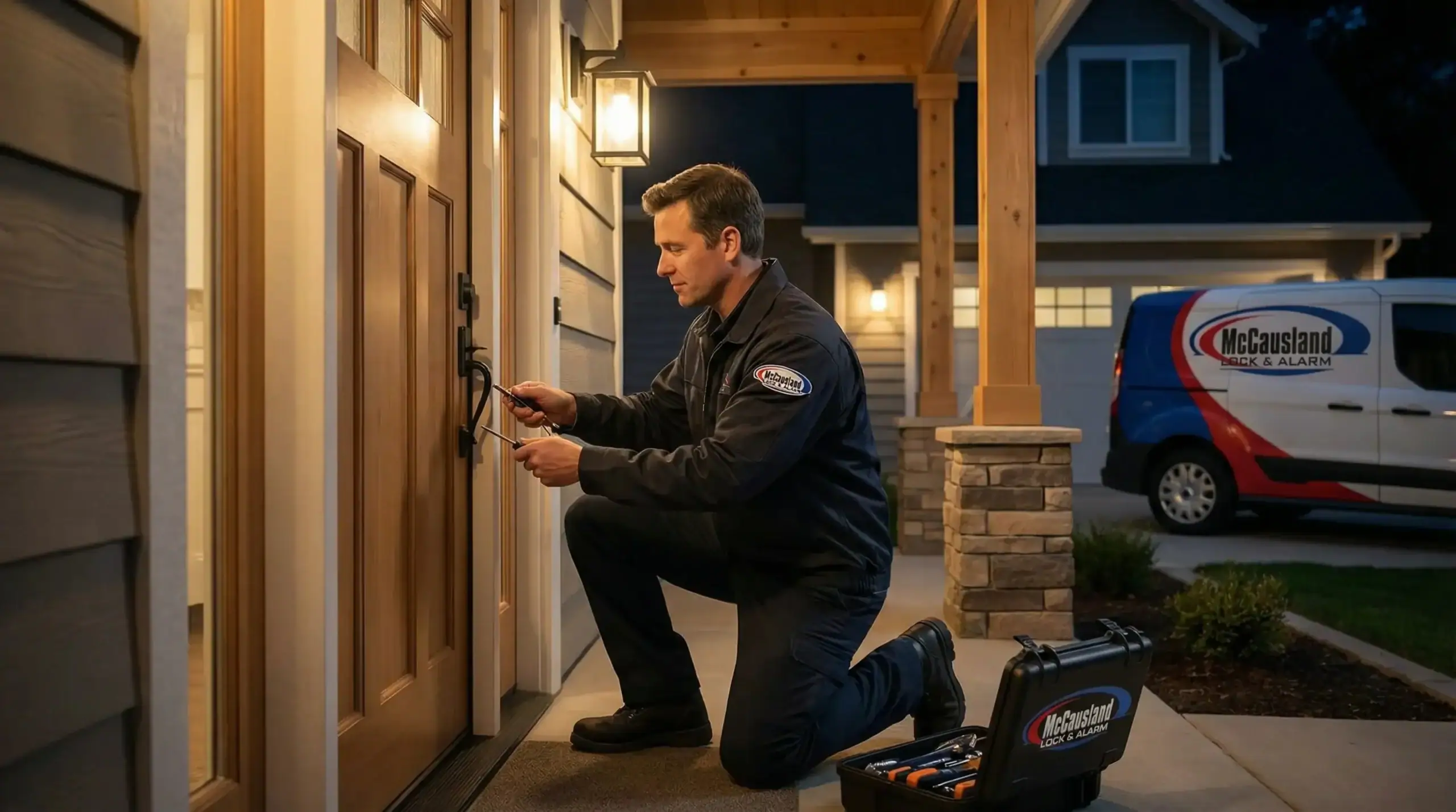 A locksmith in uniform kneels at a front door in PA, working on the lock with tools. His toolkit and a "McCausland Lock & Alarm" van showcase trusted Locksmith Services Delaware County, as a house glows softly in the dusk background.
