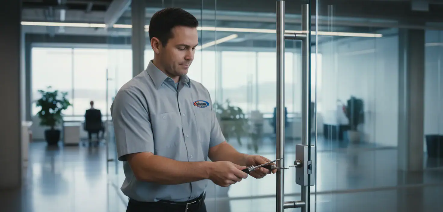 A locksmith in a gray uniform provides Locksmith Services Delaware County, working on the lock of a glass office door inside a modern PA office building with large windows and a person seated in the background.