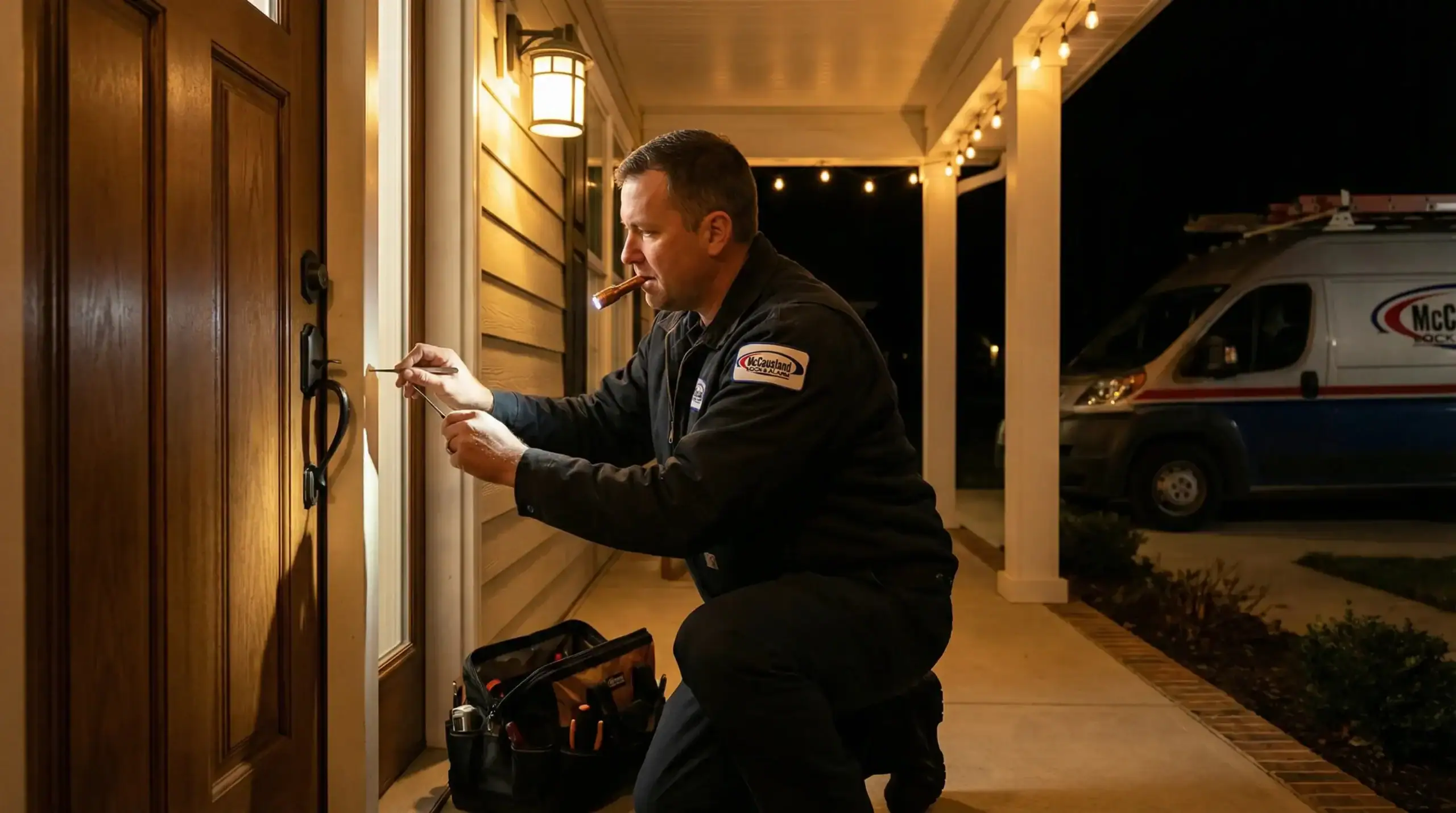 A maintenance worker in uniform kneels on a porch at night, using tools to repair a door lock—showcasing Locksmith Services Delaware County, PA. He holds a cigar in his mouth and has a tool bag by his side. A utility van is parked in the driveway.