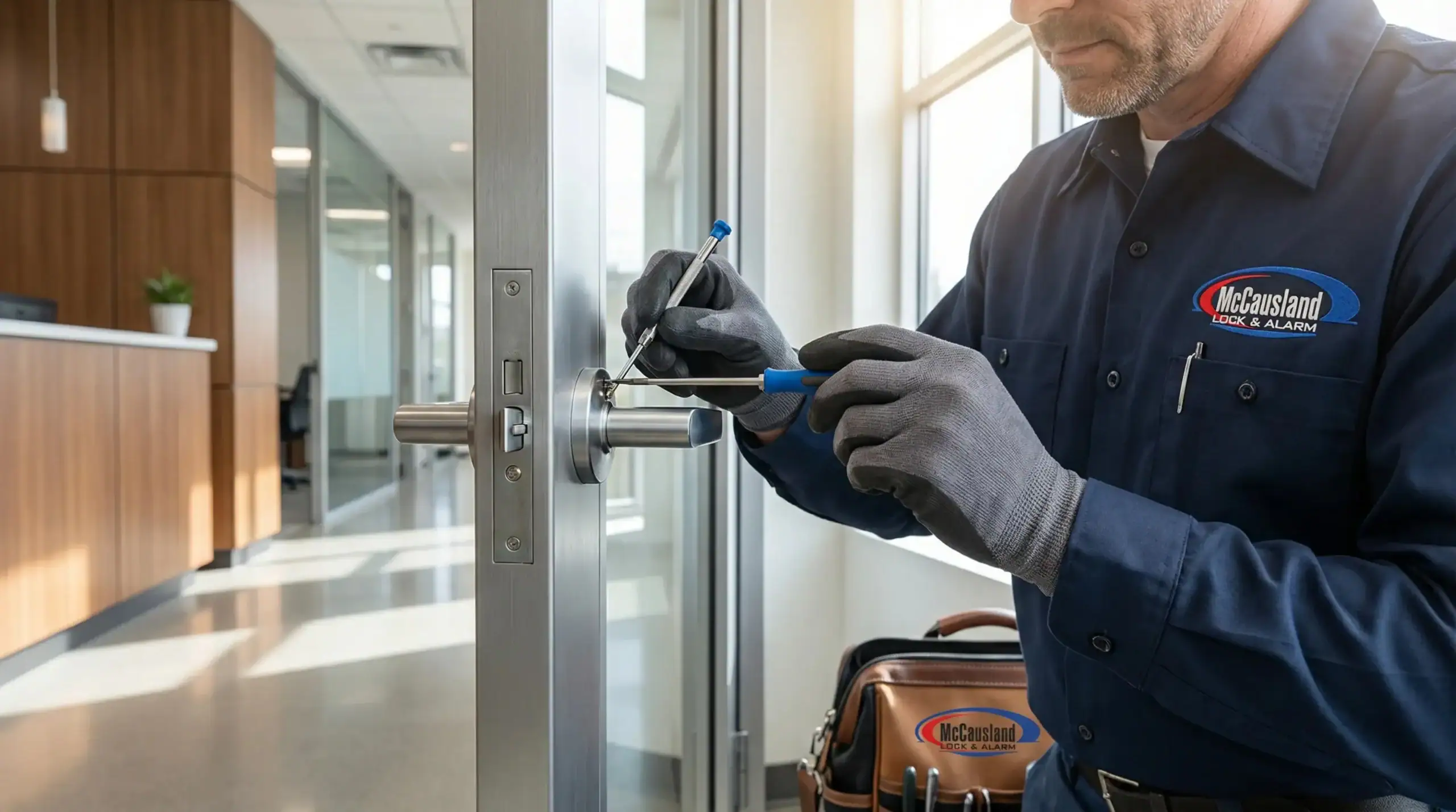 A locksmith wearing gloves and a blue "McCausland Lock & Alarm" uniform provides Locksmith Services Delaware County, PA, repairing a door lock in a bright, modern office building. A branded tool bag sits nearby as he works with a screwdriver.