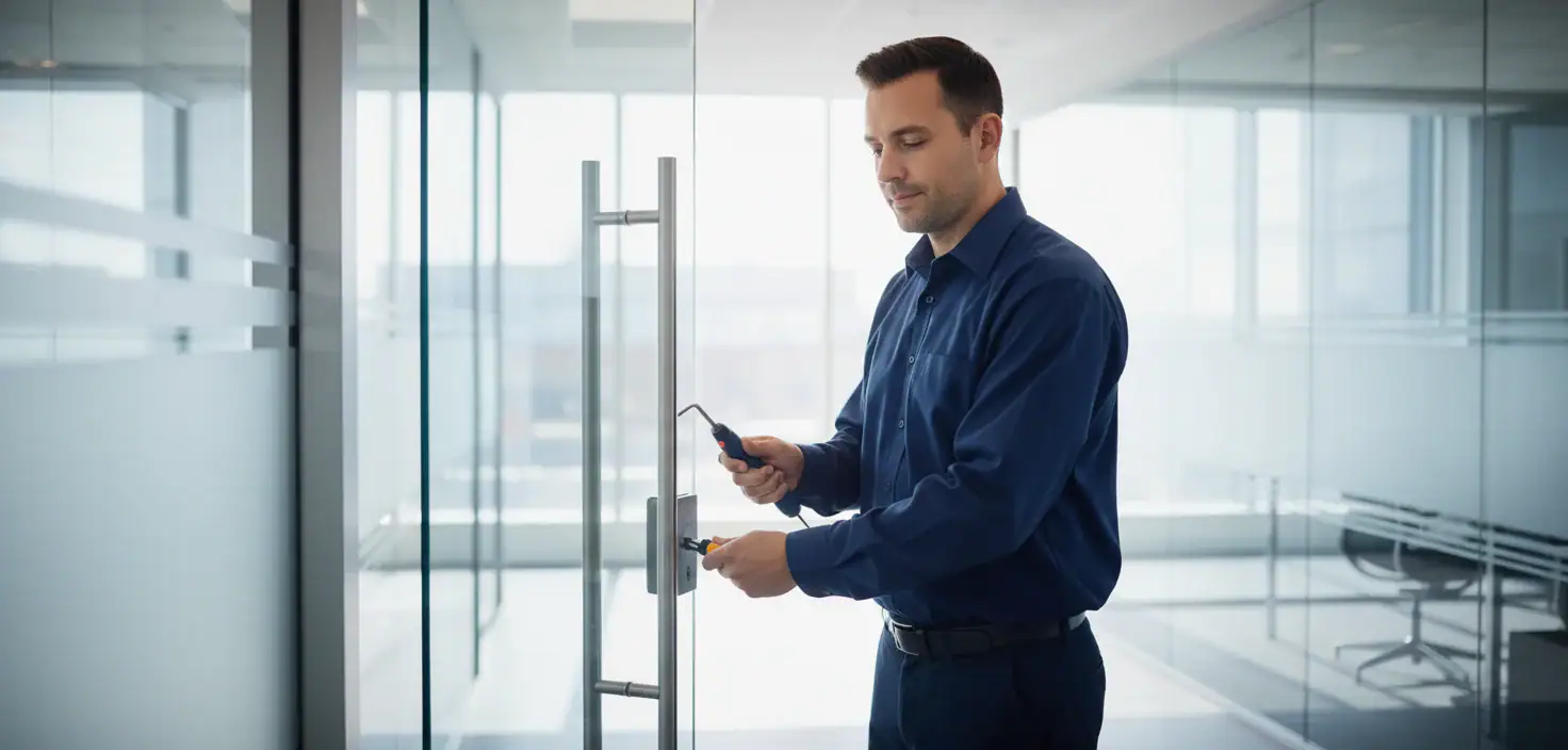 A man in a blue shirt stands in a modern office, using an electronic keycard to unlock a glass door—a secure touch inspired by Locksmith Services Delaware County, PA. The space is bright with natural light and minimalist furnishing.