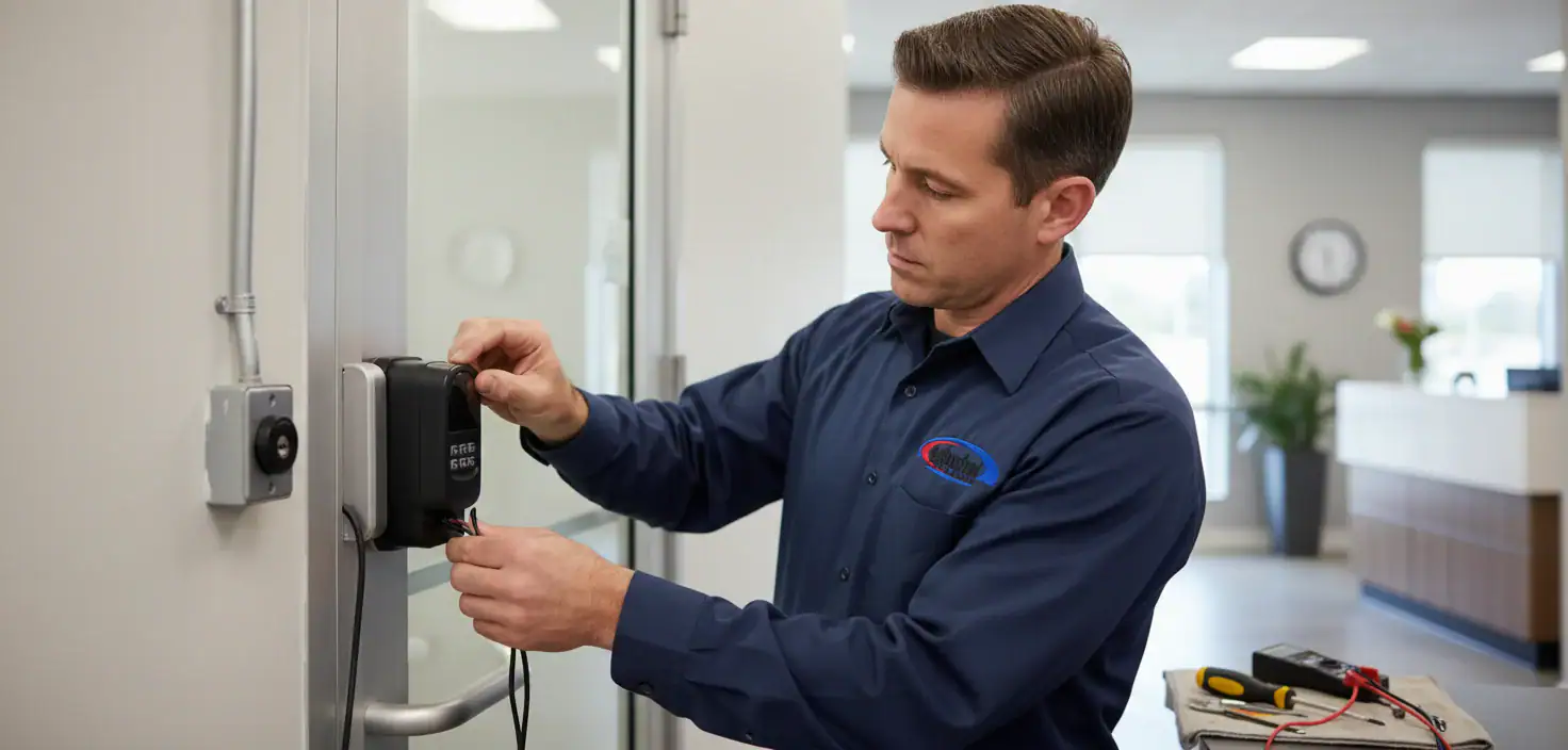 A technician in a blue uniform installs or repairs an electronic keypad lock on a door in a modern PA office, offering professional Locksmith Services Delaware County, with tools and equipment nearby.