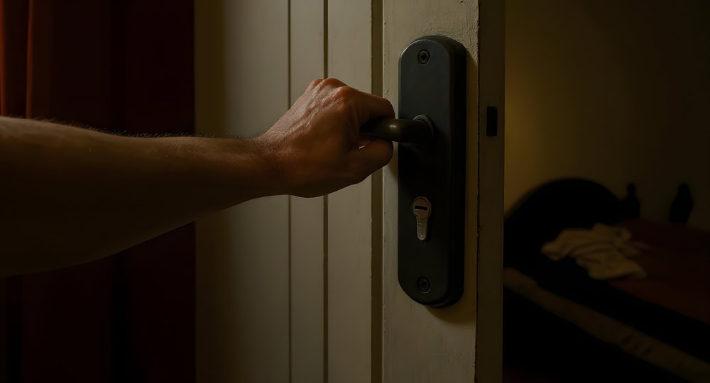 A person’s hand turning a door handle to open a door, revealing a dimly lit room with a bed and a towel on it in the background—perfect for showcasing Locksmith Services Delaware County, PA.