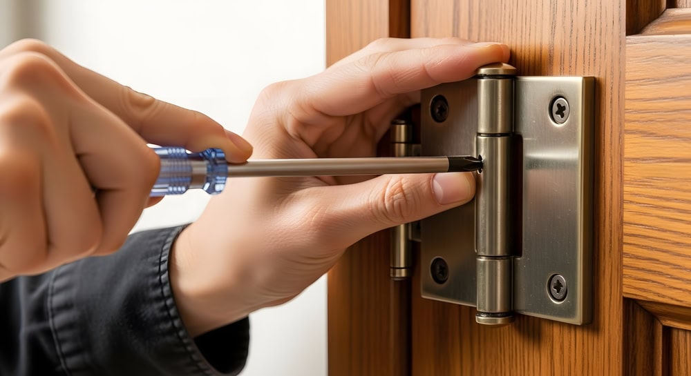 A person using a screwdriver to tighten or loosen a screw on a brass door hinge attached to a wooden door, showcasing typical Locksmith Services Delaware County, PA residents might need.