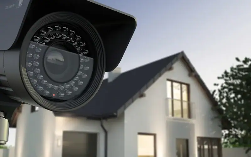 Close-up of a security camera mounted outdoors with a modern house in the background, surrounded by greenery and a clear sky.