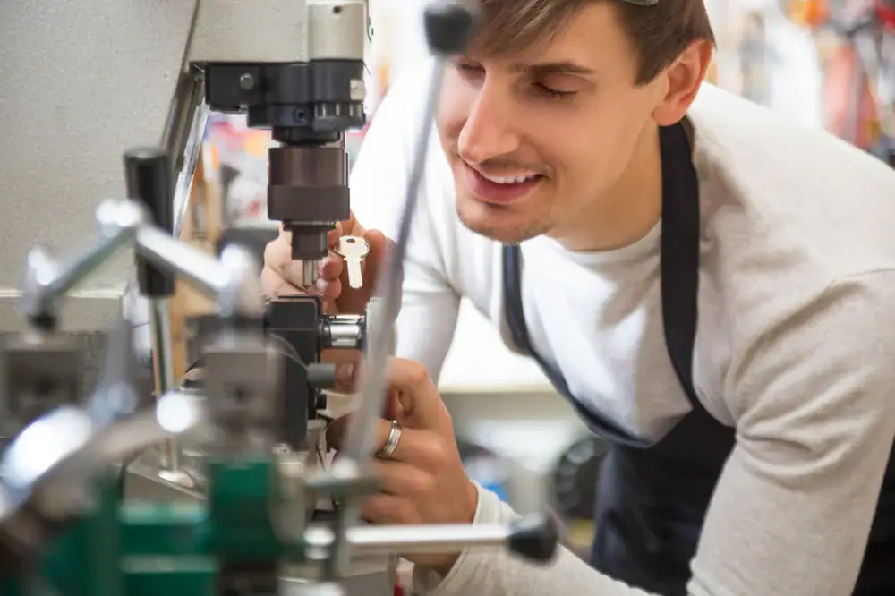 A smiling locksmith wearing an apron is duplicating a key using a key cutting machine, focusing on his work in a workshop setting.