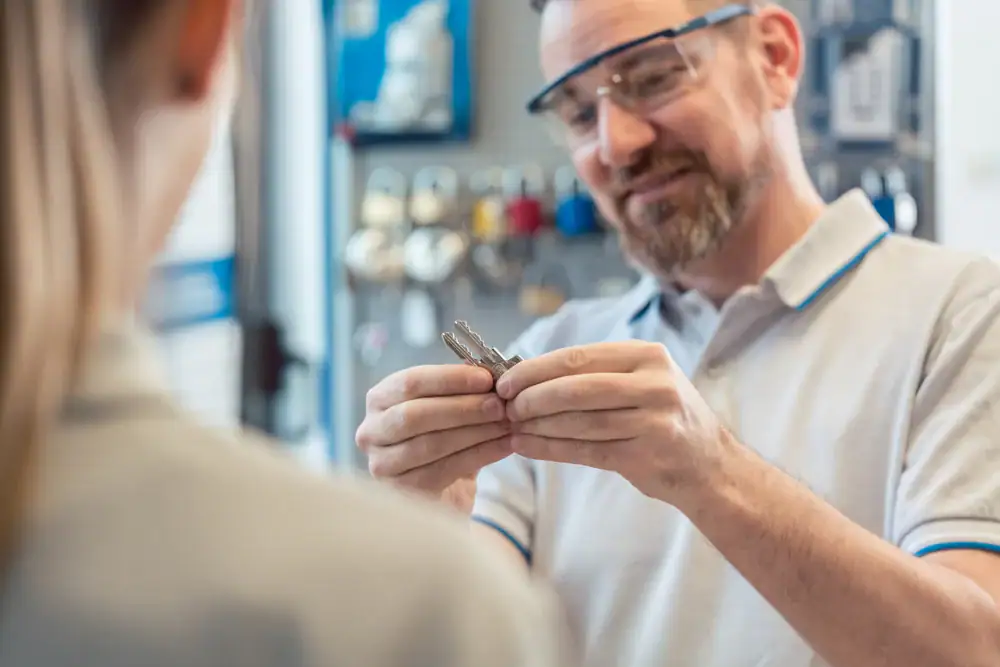A smiling man wearing safety glasses shows a set of keys to another person in a locksmith shop, with various locks and keys visible in the background.